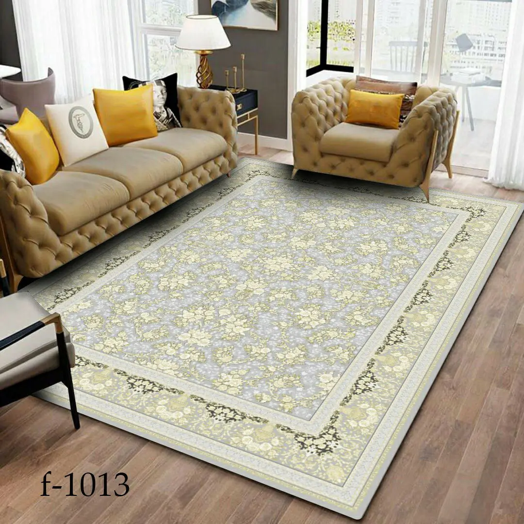 خرید روفرشی گلدار شانل مخمل | طرح مدرن در طیف رنگ طوسی، نقره‌ای و صورمه‌ای
