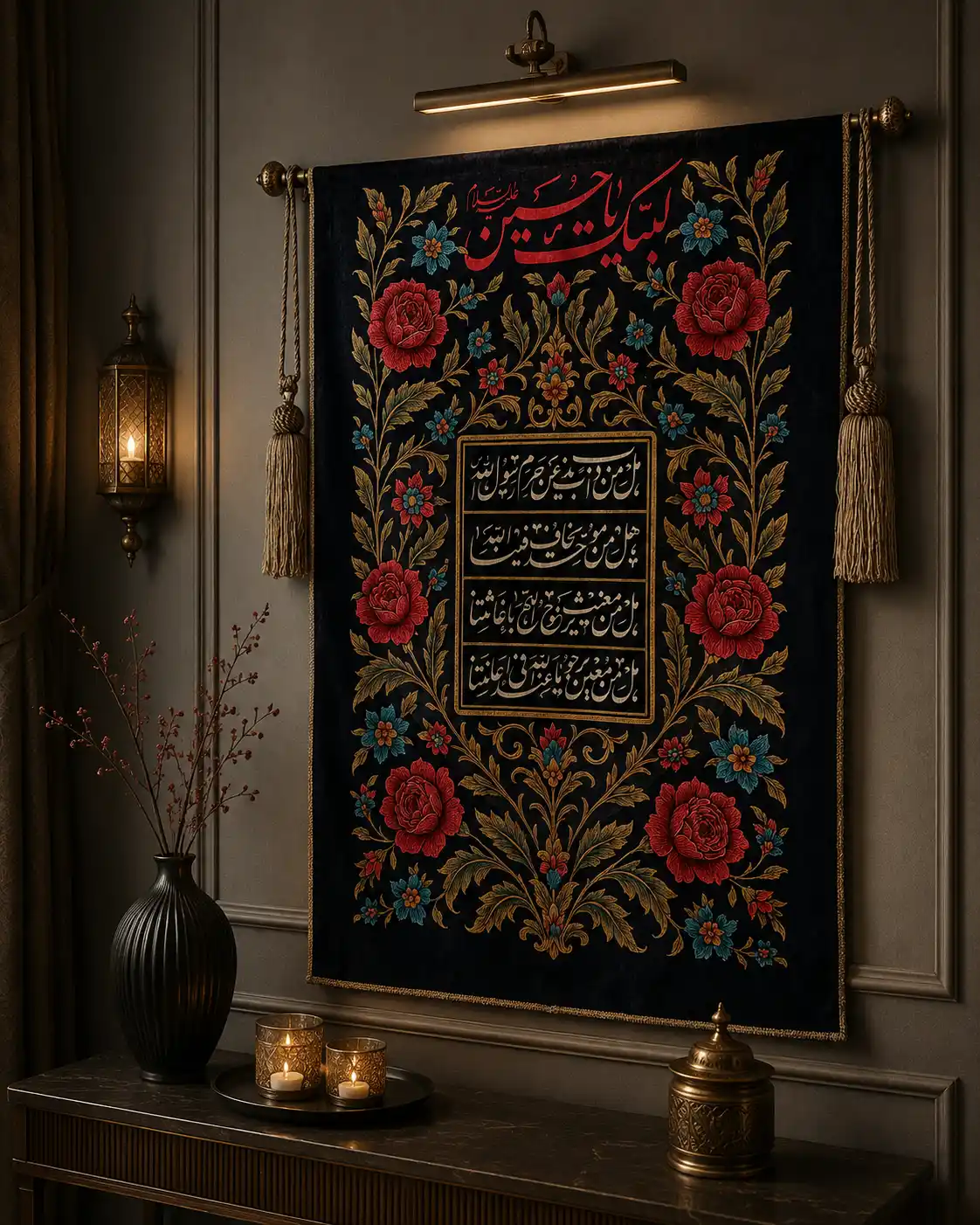 دیوارکوب مخمل مذهبی طرح ندای یاری امام حسین (ع) | تپستری لوکس 100×150 | آماده ارسال