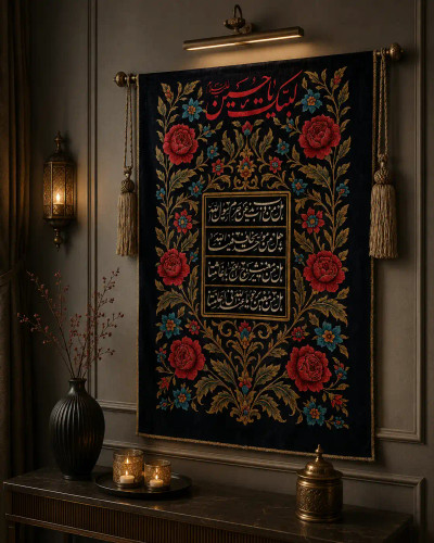 دیوارکوب مخمل مذهبی طرح ندای یاری امام حسین (ع) | تپستری لوکس 100×150 | آماده ارسال