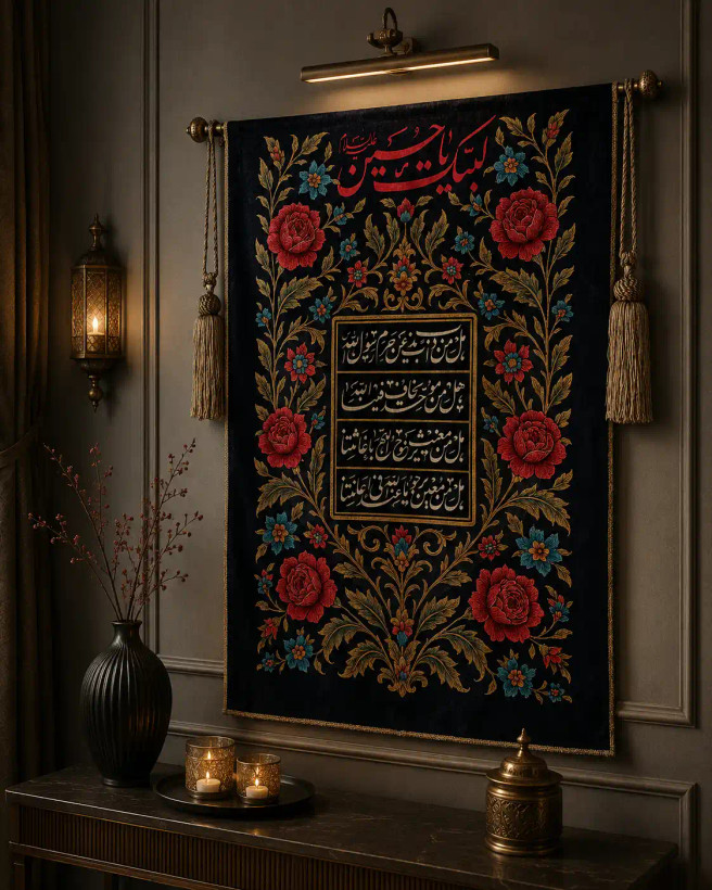 دیوارکوب مخمل مذهبی طرح ندای یاری امام حسین (ع) | تپستری لوکس 100×150 | آماده ارسال
