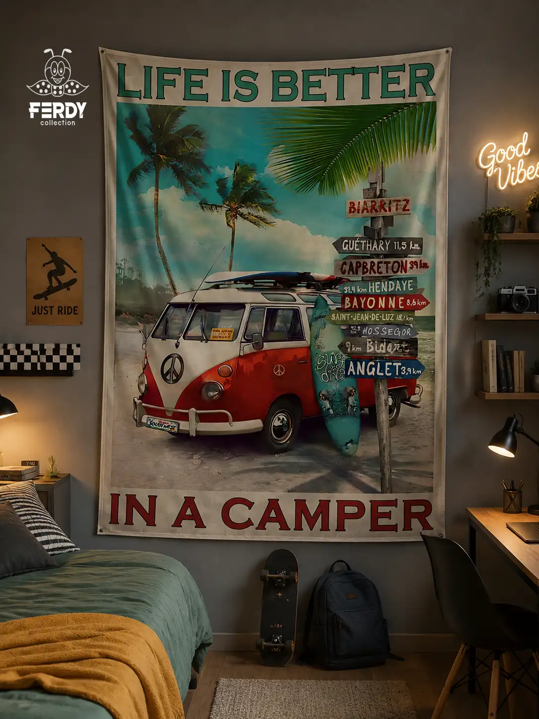 بکدراپ مخمل پورش طرح Life is Better in a Camper | دکور وینتیج ساحلی اتاق نوجوان