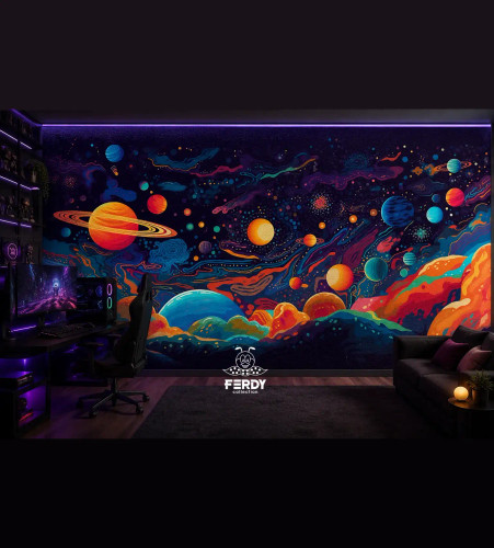 بکدراپ مخمل طرح Galaxy Dream | دیوارپوش گیم روم با طرح سیارات رنگی
